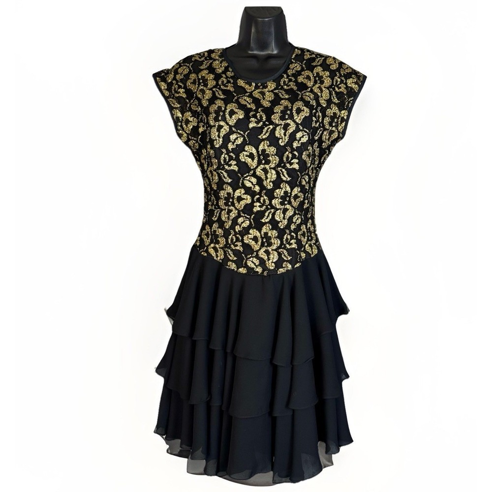 Vintage‎ 80's Late Edition Black Sheer Gold Floral Tier Ruffle Mini Dress Size 8